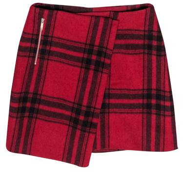 Karen Millen - Red &amp; Black Plaid Wool Blend Envelope Miniskirt Sz 4