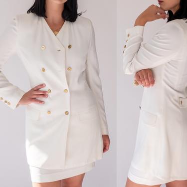 Vintage 80s Sonia Rykiel Paris Ivory Double Breasted Mini Skirt Suit w/ Brass Signature Buttons | Made in France | 1980s Designer Skirt Suit 