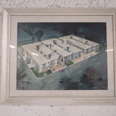 Mid Century Architectural Rendering Gouache/Watercolor of Apartment Building 