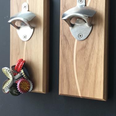 Magnetic Bottle Opener -- Walnut w/ Curved Maple Accent - Cap-Catching, Refrigerator or Wall Mounted 