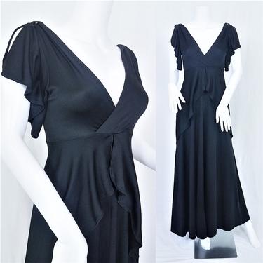 1970's Black Grecian Style Long Maxi Dress I Flutter Sleeves I Empire Waist I Sz Sm 