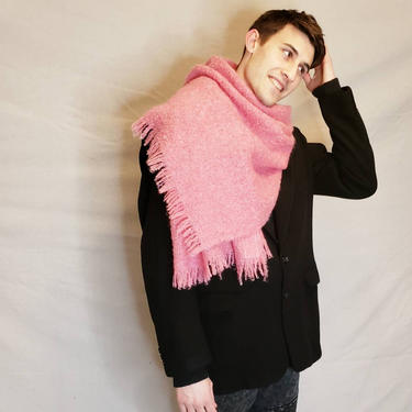 Vintage Mohair Scarf Shawl Wrap in Pink Andrew Stewart Scotland / Unisex Pink Fringed Handwoven Throw Mohair Wool 