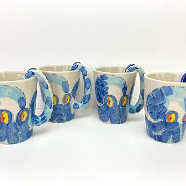Homee Set of 4 3D Octopus Mugs Ceramic Coffee Tentacle Handle Blue 