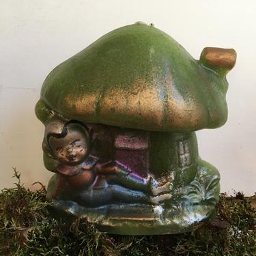 Vintage Elf And Mushroom House Candle, Green Mushroom Home With Elf Lounging In Front 