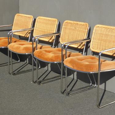 Four Vintage Mid Century Modern Rattan Back Chrome &amp; Orange Velvet Dining Chairs 