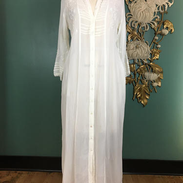 April Cornell dress, sheer ivory rayon, vintage dress, tie back, pin tucked dress, bohemian dress, embroidered dress, casual summer, medium 