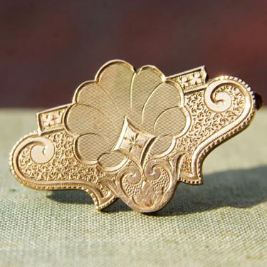 Victorian 10K Rose Gold Engraved Brooch/Pendant, Ornate Antique Gold Brooch, Art Nouveau Style, 1 1/2” L 