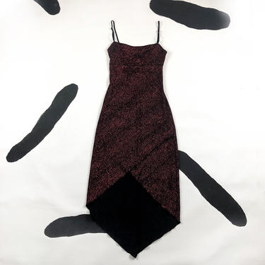 90s Black and Red Glitter Dot Asymmetrical Hem Dress / Spaghetti Strap / Midi / Slip Dress / Op Art / Wrap / Bra Strap / y2k / Medium / M 