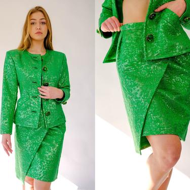 Vintage 80s Yves Saint Laurent Emerald Green Metallic Jacquard Power Skirt Suit | DOCUMENTED | Made in France | 1980s YSL Designer Skirt Set 