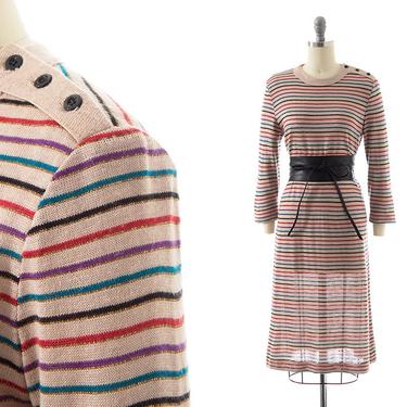 Vintage 1970s Sweater Dress | 70s Colorful Metallic Striped Acrylic Knit Jersey Beige Long Sleeve Shift Day Dress (x-small/small) 