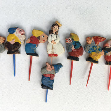 Vintage Snow White And The Seven Dwarfs Wooden Picks, Cupcake Toppers, Cake Toppers Disney, Carved And Hand Painted 