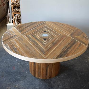 Custom Reclaimed Lath Dining Table with Pedestal Base 