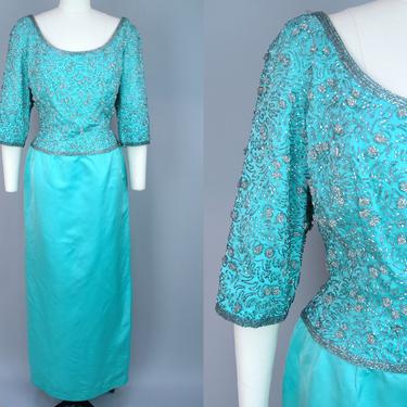 1960s Aqua Silk Beaded Gown | Vintage 60s Bright Blue &amp; Silver Dress with Beaded Bodice | medium 