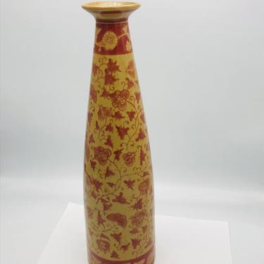 Vintage 14&amp;quot; tall Ceramic Yellow Ochre and Burgundy Vase Made in China 