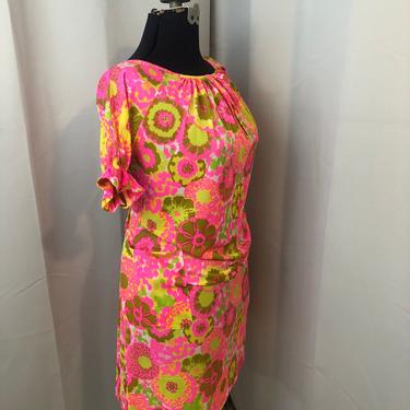 1960s hot pink acid floral neon house dress casual day dress M 