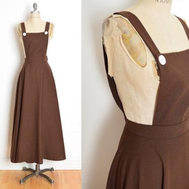 vintage 70s dress brown high waisted suspender overalls pinafore maxi skirt XS clothing 