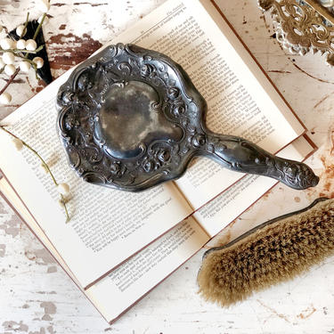 Silverplated Vanity Sets: Horsehair Hairbrush + Hand Mirror (Multiple Styles Available) - Vintage Farmhouse Decor 