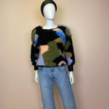 Vtg 1980s fuzzy colorblock angora fuzzy sweater SM 