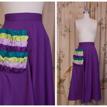 1950s Skirt - Fabulous Vintage 50s Royal Purple Cotton Skirt with Ruffled Pocket in Teal, Chartreuse and Lavender 