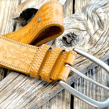 VINTAGE: Textured Brown Leather Belt - Tooled Belt - SKU 00008568 