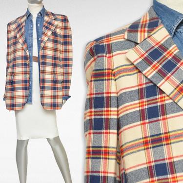 Vintage Cream Red and Navy Blue Plaid Blazer 100% Cashmere Womens Loose Fit Oversized Blazer 