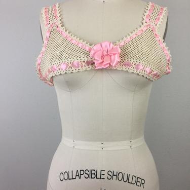 Vintage Antique Victorian Edwardian Crochet Lace Top w/ Pink Ribbon Bows Yoke Bralette Camisole Wedding 