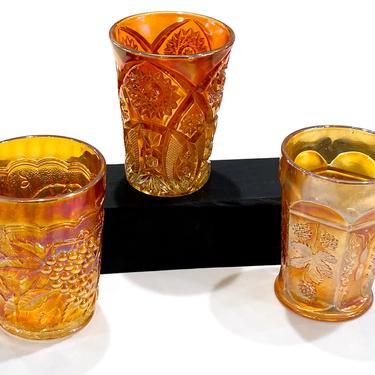 3 Antique Marigold and Orange Carnival Glass Tumblers Glasses Imperial and Fenton FREE shipping 