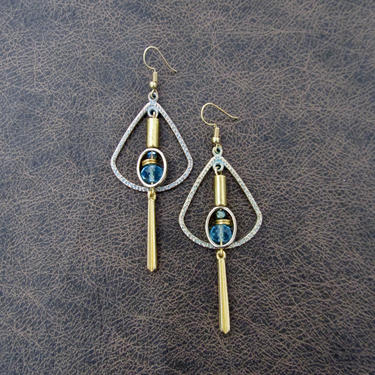 Patina hoop earrings, hammered brass earrings, statement earrings, mid century modern earrings, blue crystal earrings, boho chic earrings 2 