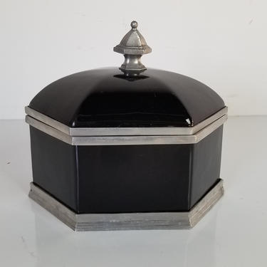 Vintage Italian Black Glass and Silver Hexagonal Jewelry Box 