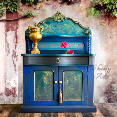 Vintage Teal Gold Bohemian Jacobean Sideboard. Antique Buffet Credenza. Anthropologie Inspired. 