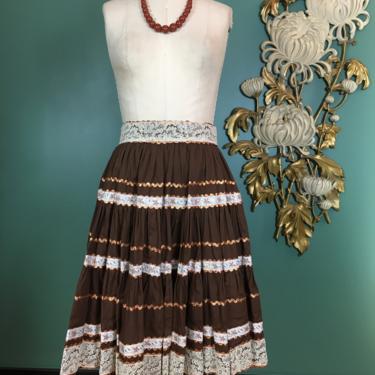1950s circle skirt, vintage 50s skirt, patio skirt, southwestern style, ric rac, brown and white, full swing skirt, medium, rockabilly, vlv 