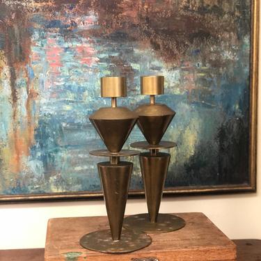 Vintage Pair Mid Century Modern Brass Candleholders Geometric Home Decor Retro Deco Tabletop Art Abstract Candle Holder 