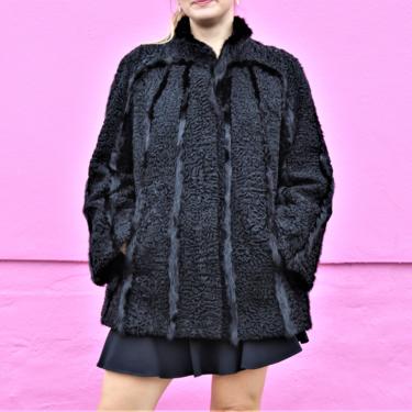 Vintage 1960s Fur Jacket Coat, Medium Women, black curly lamb, mink trim, custom made 