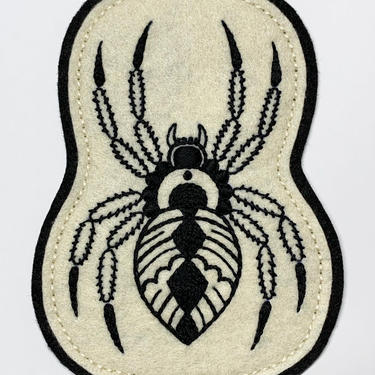 Handmade / hand embroidered off white &amp; black felt patch - large spider - vintage style - traditional tattoo flash 