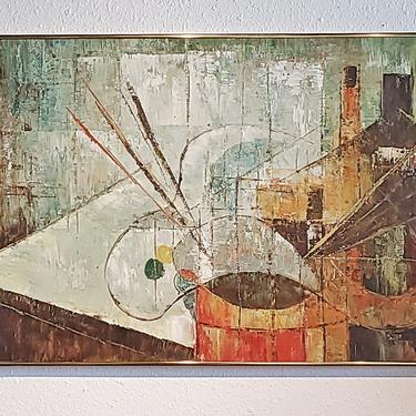 MODERNIST ABSTRACT STILL LIFE OIL ON CANVAS (INDISTINCTLY SIGNED)