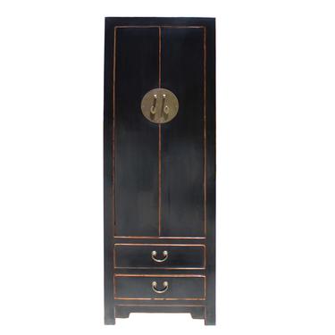 Chinese Oriental Distressed Black Lacquer Moonface Slim Storage Cabinet cs5149S