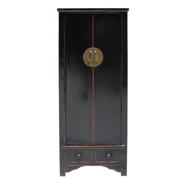 Chinese Oriental Distressed Black Lacquer Moonface Tall Storage Cabinet  cs5148S