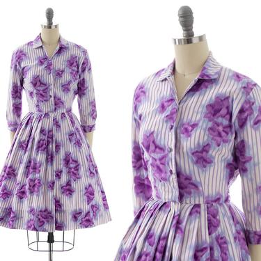 Vintage 1950s Shirt Dress | 50s Striped Floral Printed Cotton White Purple Fit and Flare Button Up Shirtwaist Day Dress (x-small) 
