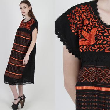 Black Cotton Crochet Mexican Dress / Vintage Pumpkin Floral Paneled Embroidery / Woven Lace Bird Print Midi Dress 