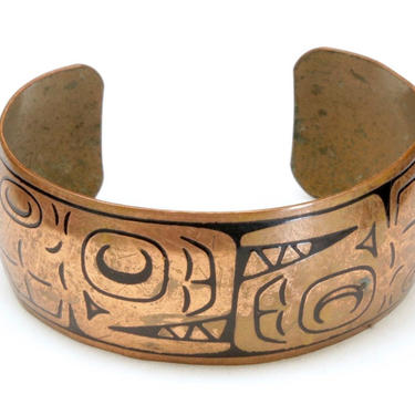 Vintage Pacific Northwest Copper Cuff Bracelet First Nations Bird Snake Design 