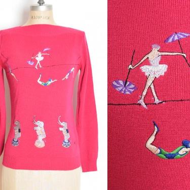 vintage 70s sweater Cyn Les pink embroidered circus ballerina elephant top shirt clothing 