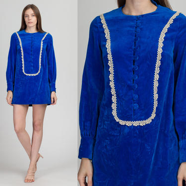 60s Blue Velvet Lace Trim Mini Dress - Petite XS | Vintage Long Sleeve Cufflink Shift Party Dress 