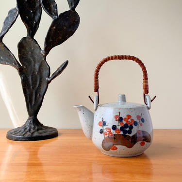 Vintage Otagiri Teapot / Hand Painted Mid Century Japanese Stoneware Rattan Handle 