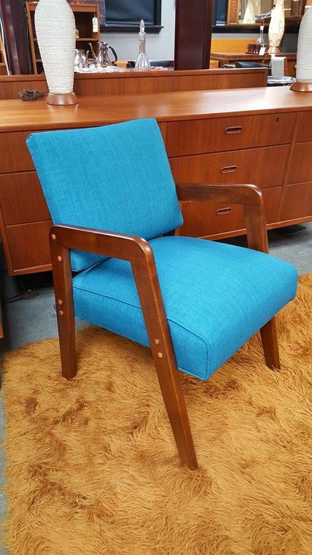 Mid-Century Modern walnut armchair with new teal upholstery