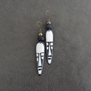 African mask earrings, bone and bronze dangle earrings, horn earrings, Afrocentric ethnic earrings, unique primitive earrings, lava rock 