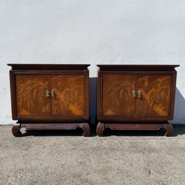 Pair of Nightstands Tables Asian Furniture Asian Bohemian Boho Chinoiserie Cabinet Brass Chinese Wood Campaign Regency CUSTOM PAINT AVAIL 