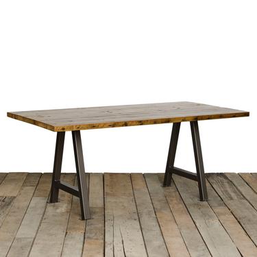 Barn Wood Dining Table with reclaimed 1.5" wood top and steel A frame legs in choice of sizes or finishes 