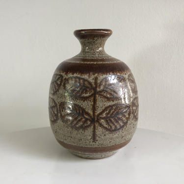 Modern Studio Pottery Bud Vase With Leaf Design 