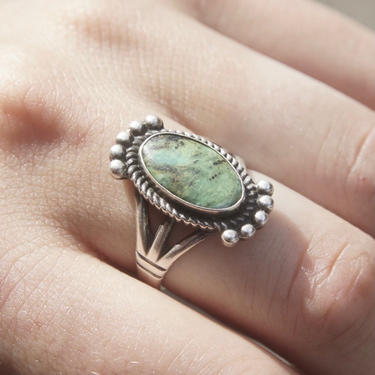 Vintage Native American Sterling Silver Turquoise Ring, Natural Green/Blue Turquoise Stone, Silver Accents, Hallmarked Ring, Size 8 1/2 US 
