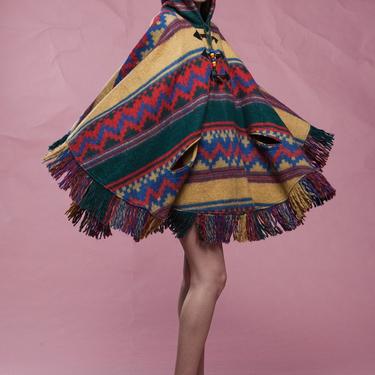 heavy wool poncho, hooded poncho, hood poncho, colorful ethnic Aztec print fringed hem vintage 80s ONE SIZE S M L 